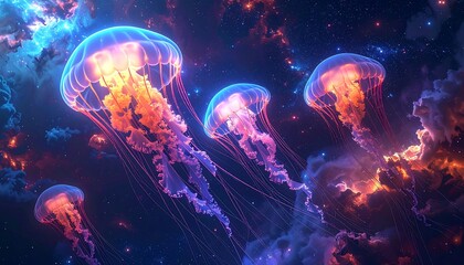 Cosmic Jellyfish Drifting Through Nebula, Ethereal Deep Sea Creatures in Vibrant Outer Space