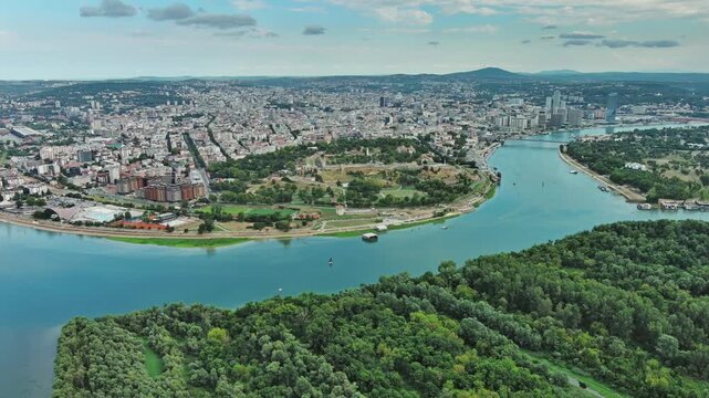 Aerial view of Belgrade city Serbia, isalnd and Sava and Danube rivers at summer, 4k