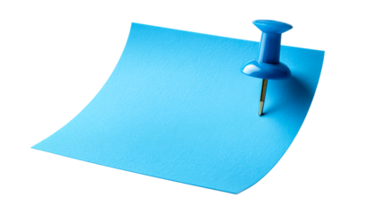 Blue paper pinned to white surface by a bright thumbtack