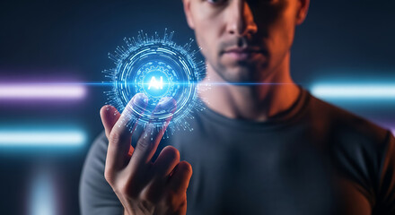 Man interacting with a glowing blue AI interface projected from his fingertip, symbolizing artificial intelligence and future technology.