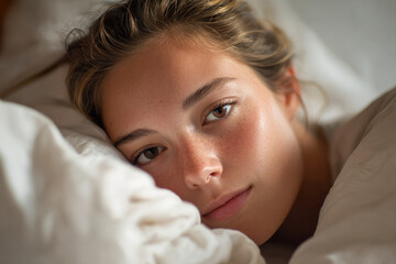 Young woman with natural freckles resting peacefully in soft white bedding while gazing thoughtfully into the camera with a serene expression and warm lighting