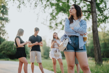 Fototapeta premium Group of friends spending time together outdoors in a park. Concept of fellowship amidst greenery.