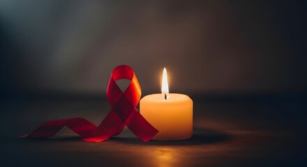 Single candle and red ribbon glowing in soft focus background