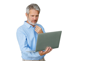 Mature businessman working on laptop, thinking, using technology, remote work, isolated on...