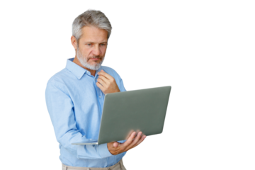 Mature businessman working on laptop, thinking, using technology, remote work, isolated on transparent background