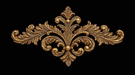 Golden floral ornament, with intricate details and a regal flair, set against a black backdrop. The ornamental design radiates a luxurious and timeless aesthetic.