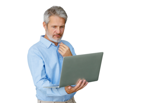 Mature businessman working on laptop, thinking, using technology, remote work, isolated on transparent background