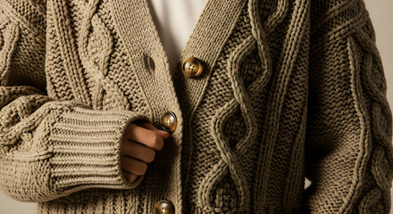 Heavy knit cardigan with large buttons. Soft studio light shallow DOF emphasis on detail.