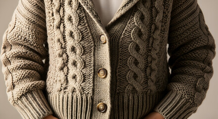 Heavy knit cardigan with large buttons. Soft studio light shallow DOF emphasis on detail.
