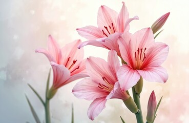 Naklejka premium Soft pink lily flowers bloom against a light background. Delicate petals evoke a sense of romance. Floral arrangement shows gentle beauty. Natural art design shows blossom in summertime.