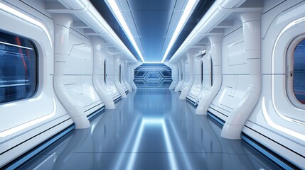 Obraz premium Futuristic white and blue illuminated spaceship corridor with reflections on the floor