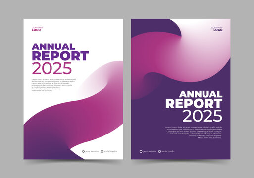 Annual report design cover template with purple gradient shape
