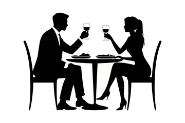 Silhouette of a couple at dinner toasting with wine glasses at a table with food on plates in black