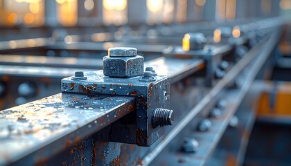 Close-up view of a rusty metal bolt and nut on a framework, with a blurred industrial background at sunset