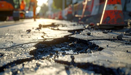 Naklejka premium Cracked pavement at a construction site with traffic cones and workers in the background during sunset
