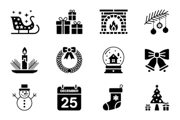 Naklejka premium Collection of christmas themed icons including a sleigh gifts fireplace and christmas tree design