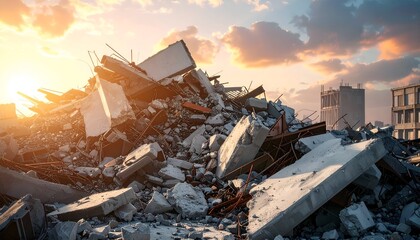 Pile of debris from a collapsed building against a sunset, showcasing destruction and urban decay