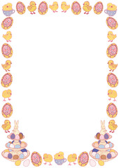 Easter eggs, cute fluffy yellow chicks, and painted holiday symbols in a vintage boho style. Isolated transparent vertical frame for greeting card design. Retro illustration.