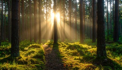 Obraz premium Sunlight streams through tall trees in a serene forest, illuminating a peaceful path covered in greenery