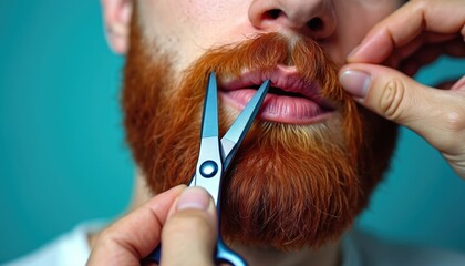 Man trims red beard using small scissors. Male cuts moustache hair by sharp tool. Professional groomer cuts facial pile. Concept of self care for stylish look at home.