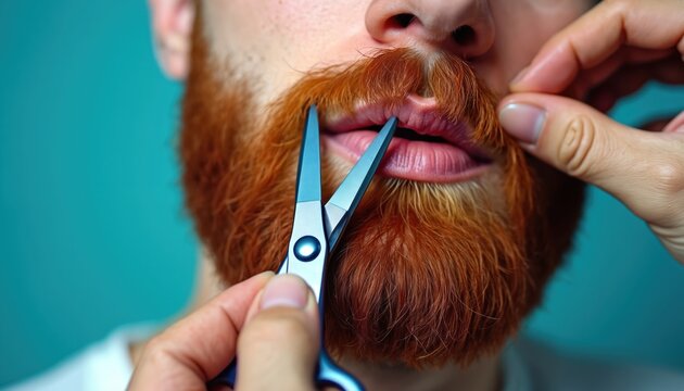 Man trims red beard using small scissors. Male cuts moustache hair by sharp tool. Professional groomer cuts facial pile. Concept of self care for stylish look at home.