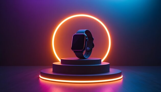 Smartwatch on a pedestal with neon light, showcasing modern technology and futuristic design elements