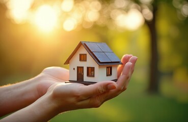 Hands hold a model home with solar panels at sunset. Concept of green energy house. Eco friendly dwelling. Smart home. New tech building for rent or mortgage.