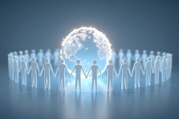 A diverse group of people standing in front of a globe, symbolizing unity and global cooperation. They are holding hands around a glowing Earth, representing teamwork and environmental awareness.