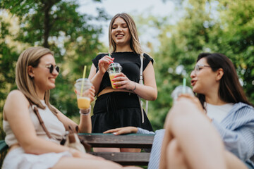 Three friends share a joyful moment on a park bench, drinking refreshing beverages under sunny skies. Casual and happy atmosphere in an outdoor green environment.