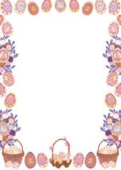 Baskets of pink eggs. Spring festive frame for greeting card design. Traditional Easter elements. Seasonal decor in Art Deco boho style.