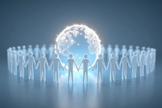 A diverse group of people standing in front of a globe, symbolizing unity and global cooperation. They are holding hands around a glowing Earth, representing teamwork and environmental awareness.