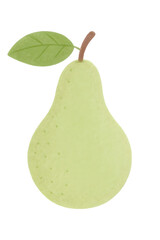 Pear fruit clipart in soft pastel vector style, single speckled green pear with stem and leaf facing left on clean white background for design assets