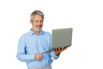 Mature businessman smiling, holding laptop, using digital technology, representing remote work and online communication