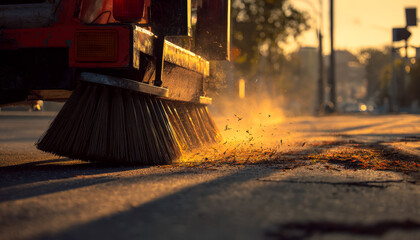 Street sweeping machine in action during sunset cleanup process