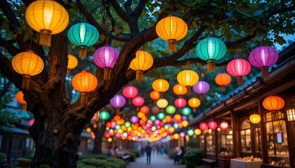 Colorful lanterns illuminate a vibrant asian street, creating a festive and magical atmosphere at night