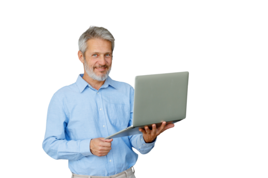 Mature businessman smiling, holding laptop, using digital technology, representing remote work and online communication