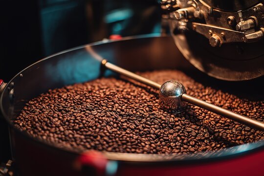 A detailed view of coffee beans tumbling in an antique large drum roaster, highlighting traditional coffee roasting techniques in a cozy workshop, perfect for food industry and hospitality concepts.
