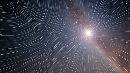 Star trails converging into a radiant point, piercing through the Milky Way in long exposure.