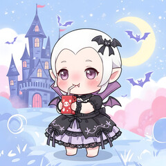Chibi Vampire with Drink at Twilight Castle for Halloween Illustration