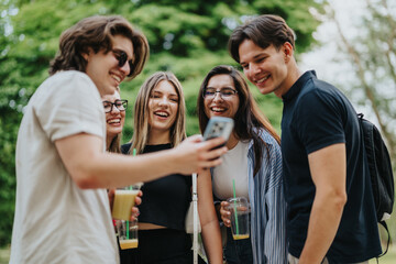 A group of young friends sharing a cheerful moment outdoors while looking at a phone. They are enjoying a summer day in the park, bringing joyful and relaxed emotions to the scene.