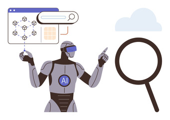 Robot labeled AI interacting with a data analysis screen, cloud icon, and magnifying glass. Ideal for artificial intelligence, data analytics, cloud computing, technology, innovation, research