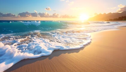 Obraz premium Serene beach at sunset with gentle waves lapping at the shore and mountains in the background