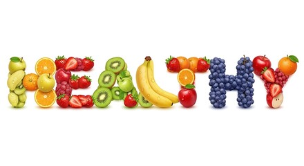 An arrangement of fresh fruits creatively spelling out the word HEALTHY, symbolizing a vibrant and nutritious lifestyle