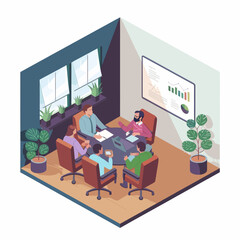 Isometric Office Meeting Room Vector Illustration: Businesspeople Collaborate Around Conference Table with Financial Presentation and Plant Decoration