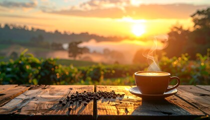 A steaming cup of coffee on a wooden table at sunrise, surrounded by lush greenery and misty hills