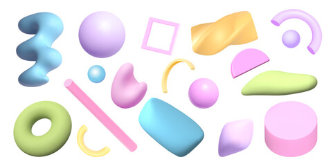 Set of assorted pastel 3D abstract objects in various geometric forms in realistic style