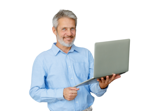 Mature man presenting a laptop, smiling, showing digital communication and modern business solutions, transparent background