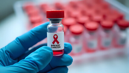 Portrait of person's hand in gloves holding breast cancer vaccine vial with red ribbon symbol, blurred laboratory background - science, medical research, healthcare awareness concept