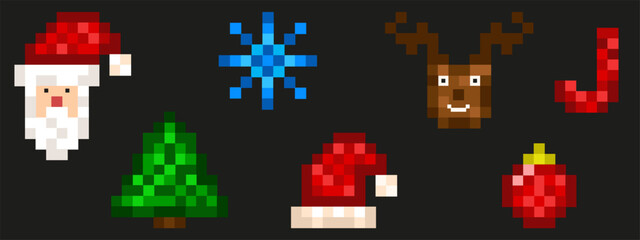 Pixel Christmas set isolated black. Vector illustration of trendy Pixel art santa reindeer Christmas ball tree. Perfect Christmas element collection for XMAS art poster card decor. EPS 10