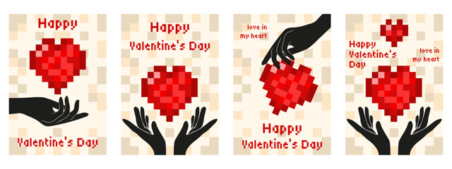 Valentine's Day. Vector Happy Valentine's Day poster cover set. Pixel art red heart in black hands with Valentine typography. EPS 10